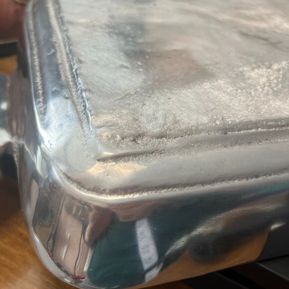 Vintage Heavy Aluminum Silver Serving Tray Ceramic Blue Handle Detail 8"x8" - Picture 6 of 6